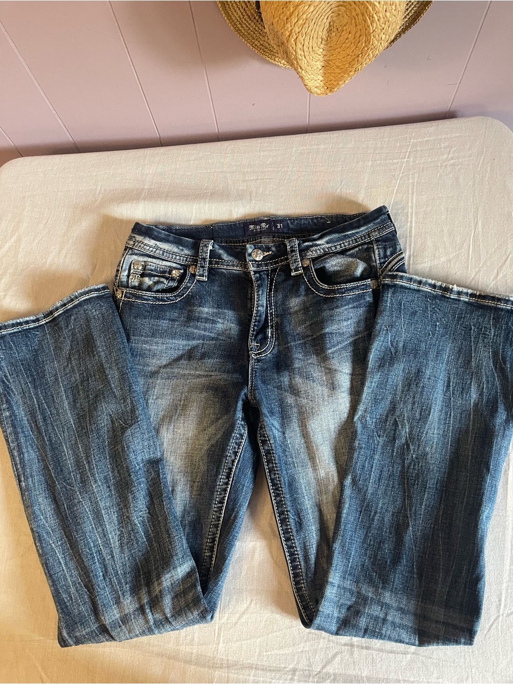 Miss Me Dark Blue Bootcut Jeans with Fading